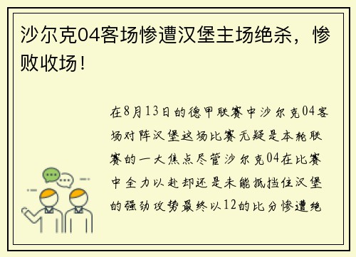 沙尔克04客场惨遭汉堡主场绝杀，惨败收场！