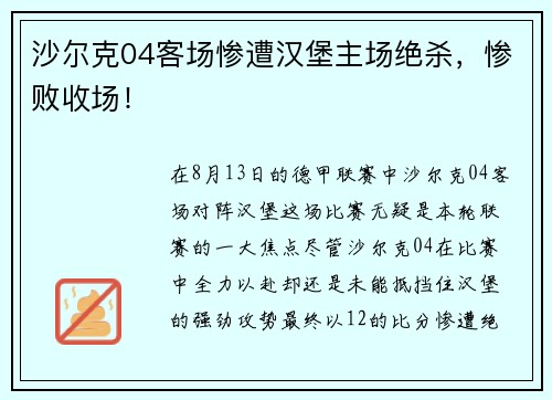 沙尔克04客场惨遭汉堡主场绝杀，惨败收场！