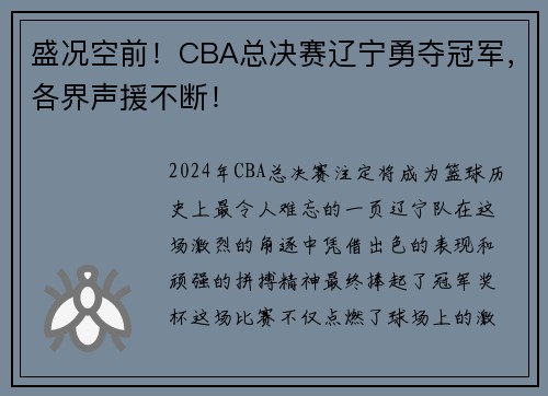 盛况空前！CBA总决赛辽宁勇夺冠军，各界声援不断！