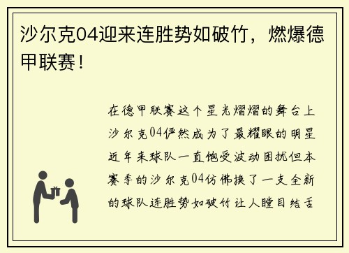 沙尔克04迎来连胜势如破竹，燃爆德甲联赛！